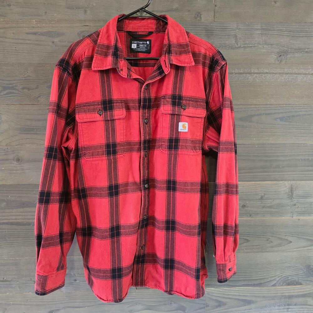 Carhartt Loose Fit Flannel Shirt Men Large Red Plaid Heavyweight Workwear Cotton